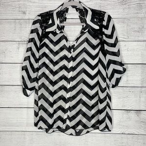 Bongo Black & White Chevron Stripe Sheer Button Down Blouse with Lace Insets